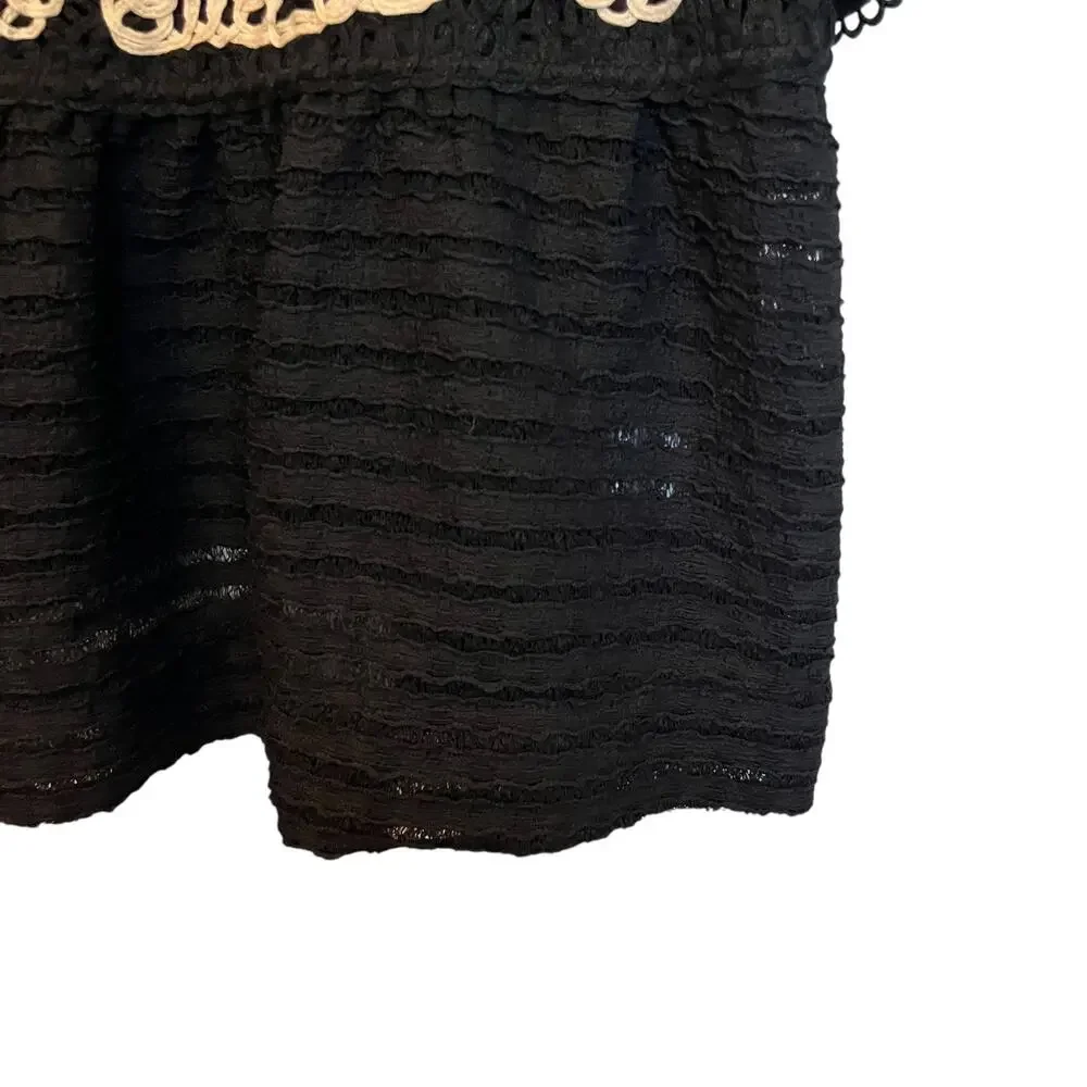 Anthropologie Sarah Hann Black Flutter-Sleeve Crochet Top Embroidered Babydoll L